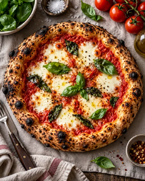 Wood-fired Margherita Pizza · Overhead Linen Flat Lay