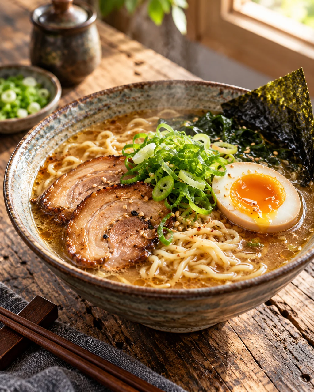 Rich Broth Ramen · Rustic Wooden Table