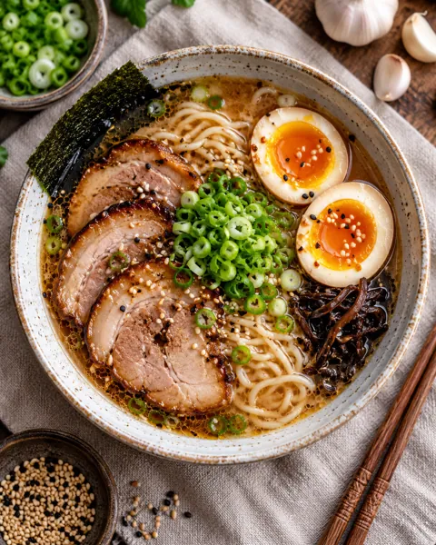 Rich Broth Ramen · Overhead Linen Flat Lay
