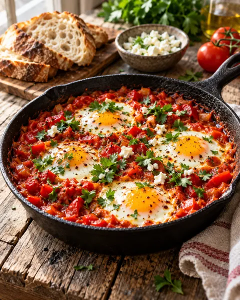 Skillet Shakshuka · Rustic Wooden Table