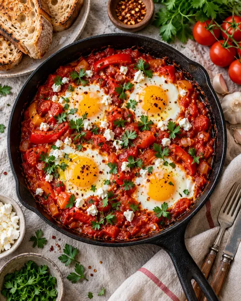 Skillet Shakshuka · Overhead Linen Flat Lay