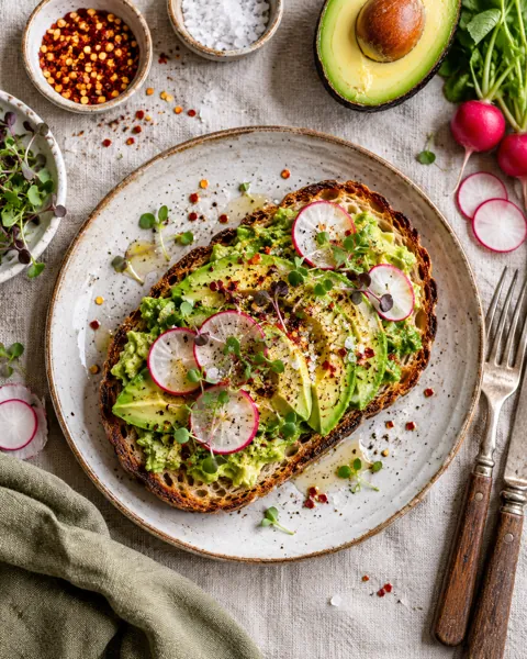 Avocado Toast · Overhead Linen Flat Lay