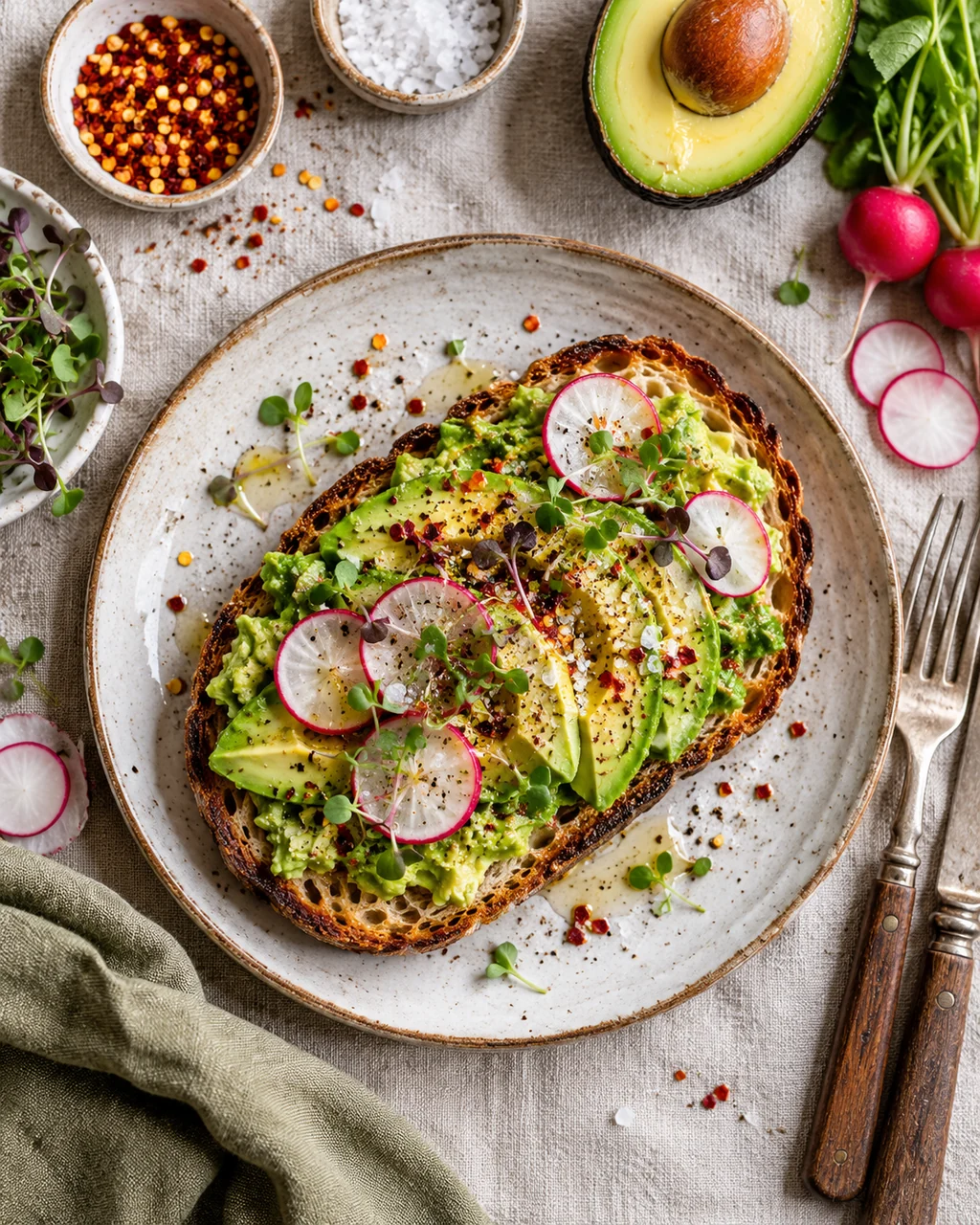Avocado Toast · Overhead Linen Flat Lay