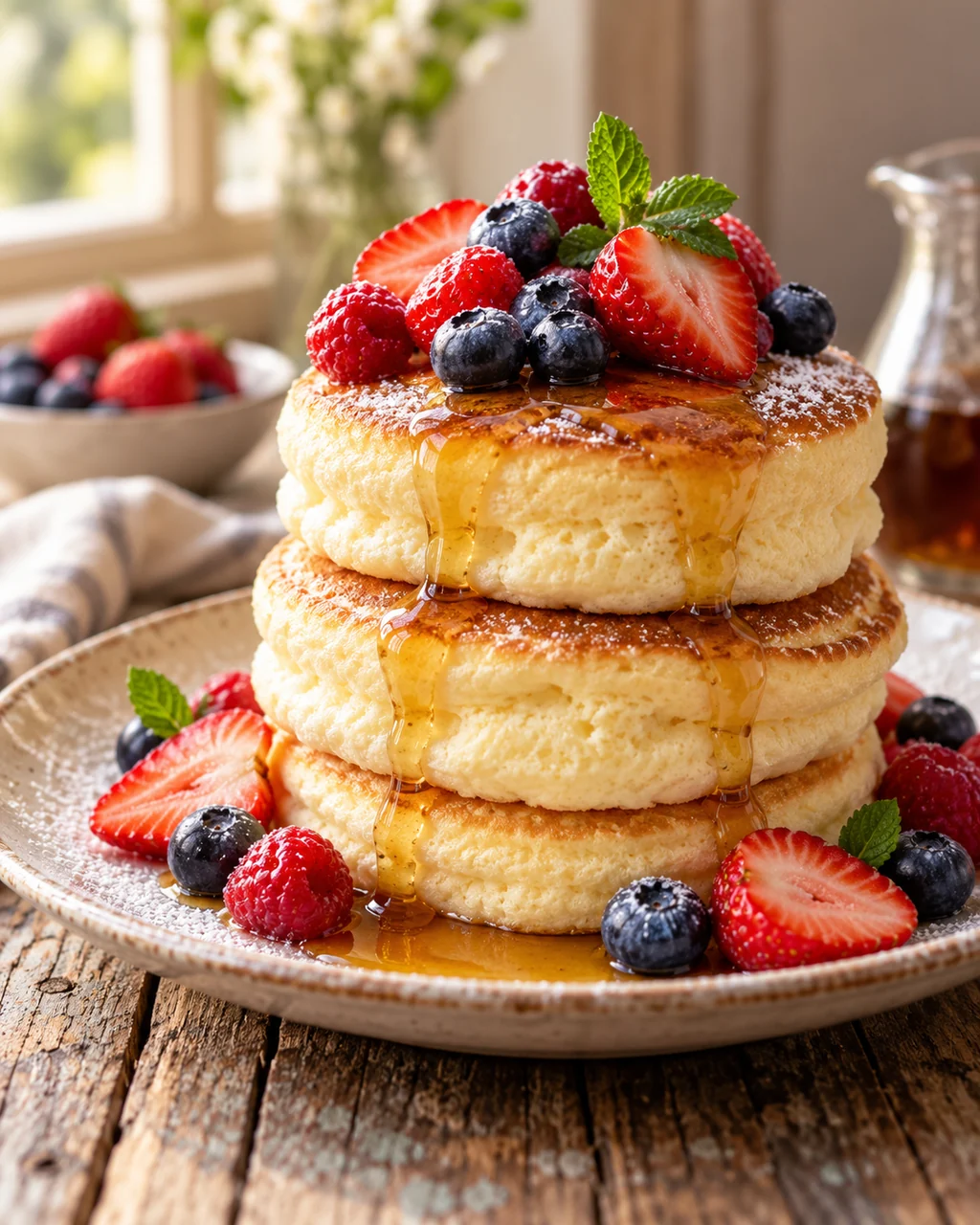 Fluffy Souffle Pancakes · Rustic Wooden Table