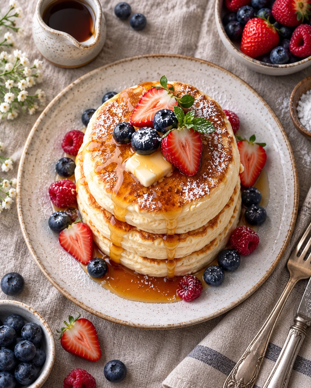 Fluffy Souffle Pancakes · Overhead Linen Flat Lay