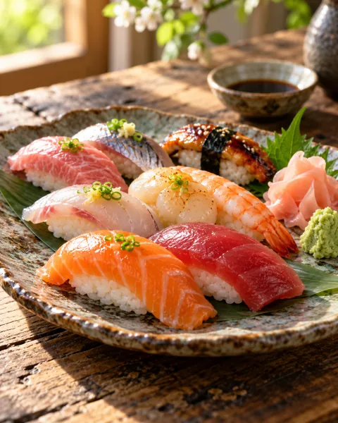 Assorted Nigiri Platter · Rustic Wooden Table