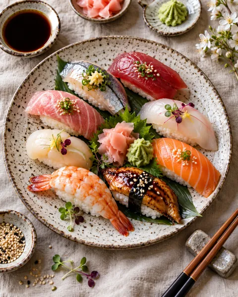 Assorted Nigiri Platter · Overhead Linen Flat Lay