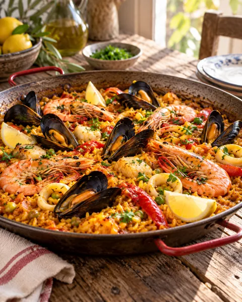 Seafood Paella · Rustic Wooden Table