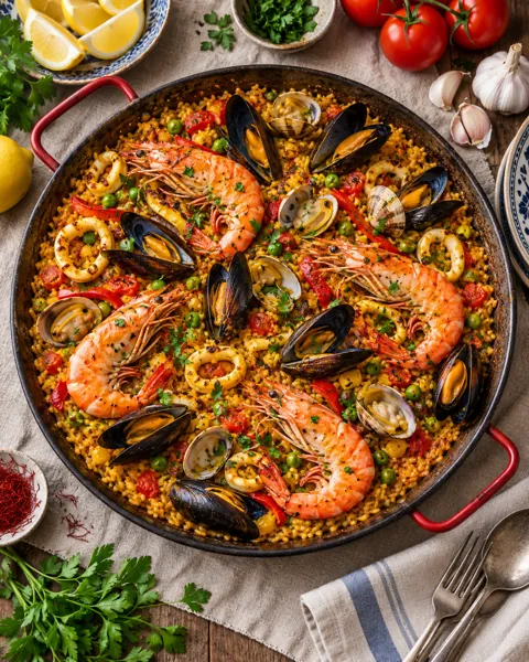 Seafood Paella · Overhead Linen Flat Lay