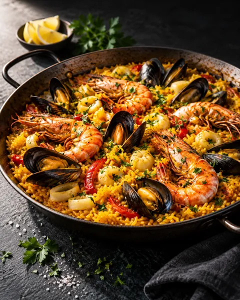 Seafood Paella · Dark Moody Chiaroscuro