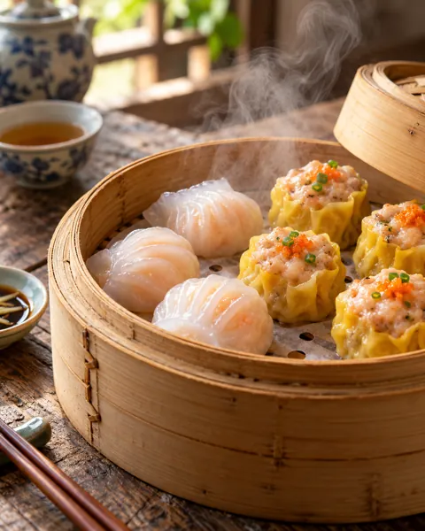 Dim Sum Steamer Basket · Rustic Wooden Table