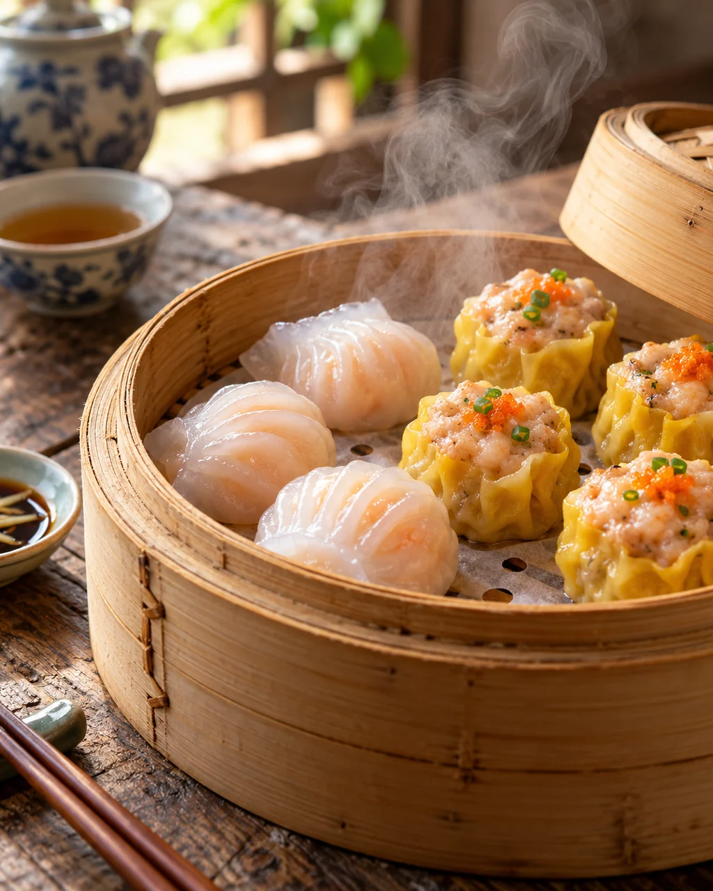 Dim Sum Steamer Basket · Rustic Wooden Table