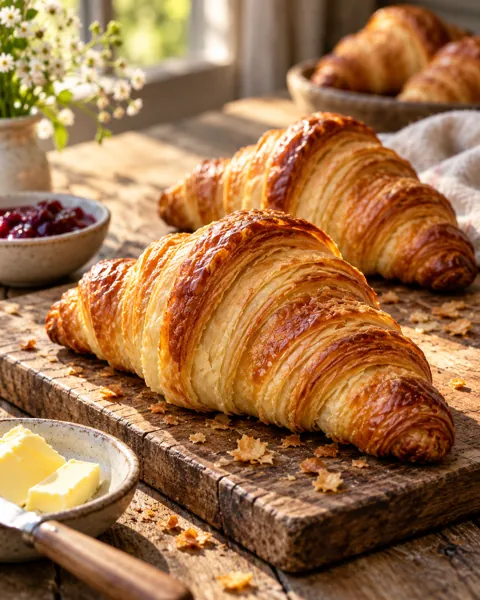 Butter Croissants · Rustic Wooden Table