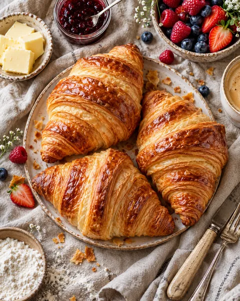 Butter Croissants · Overhead Linen Flat Lay