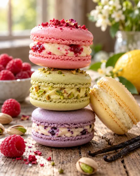 Pastel Macaron Tower · Rustic Wooden Table