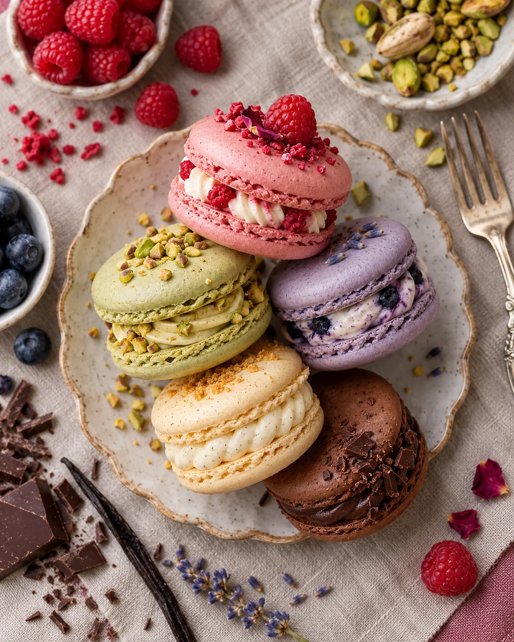 Pastel Macaron Tower · Overhead Linen Flat Lay