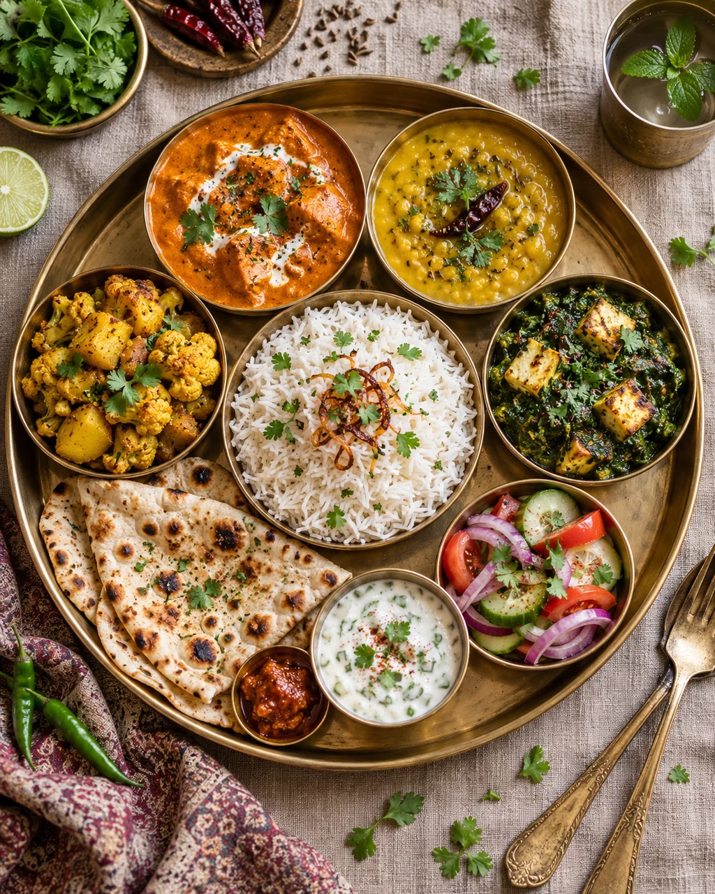 Indian Thali Platter · Overhead Linen Flat Lay