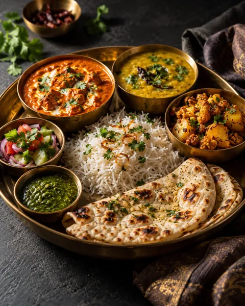 Indian Thali Platter · Dark Moody Chiaroscuro