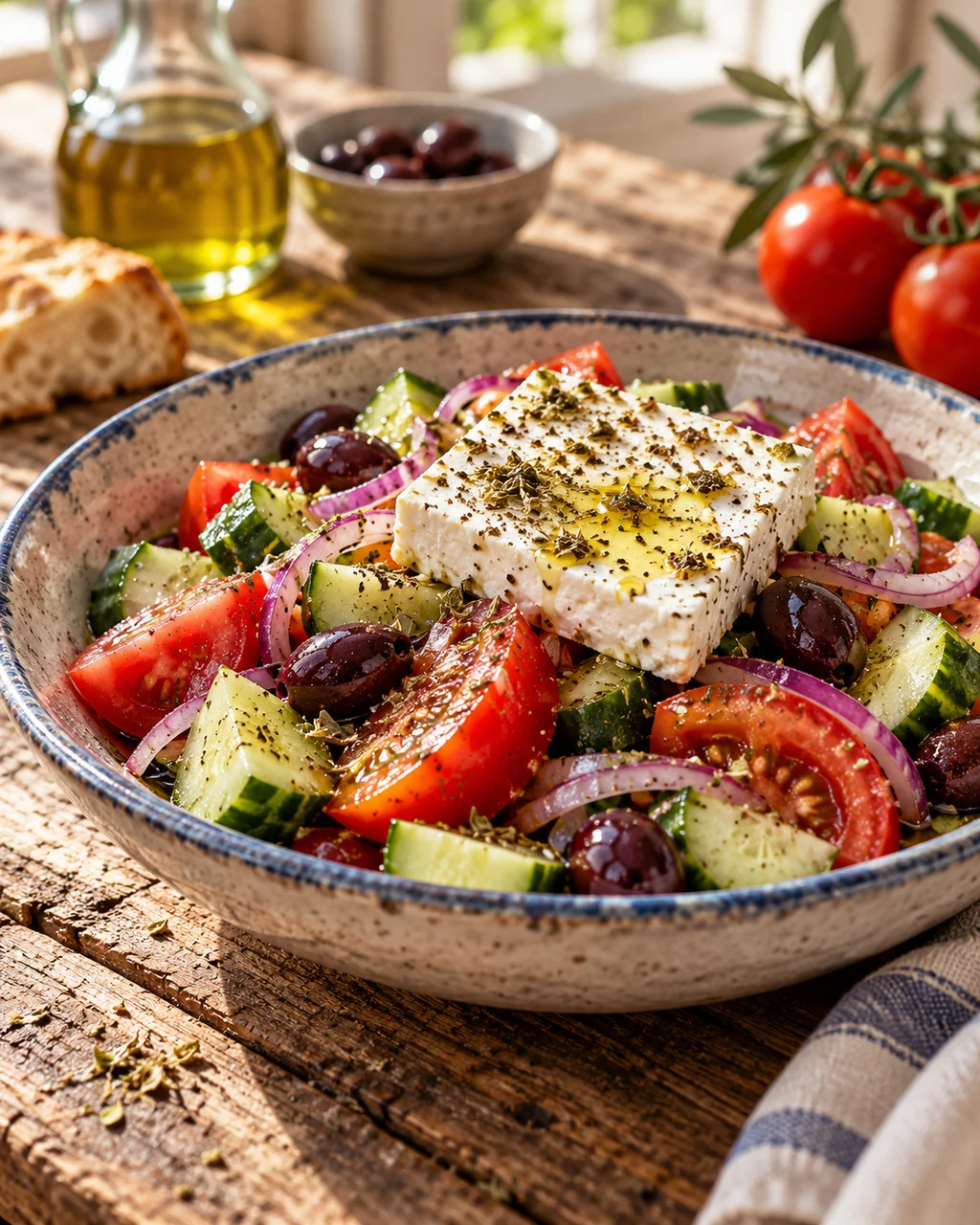 Classic Greek Salad · Rustic Wooden Table