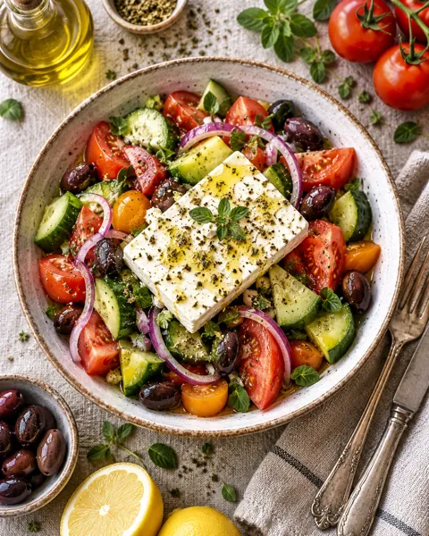 Classic Greek Salad · Overhead Linen Flat Lay