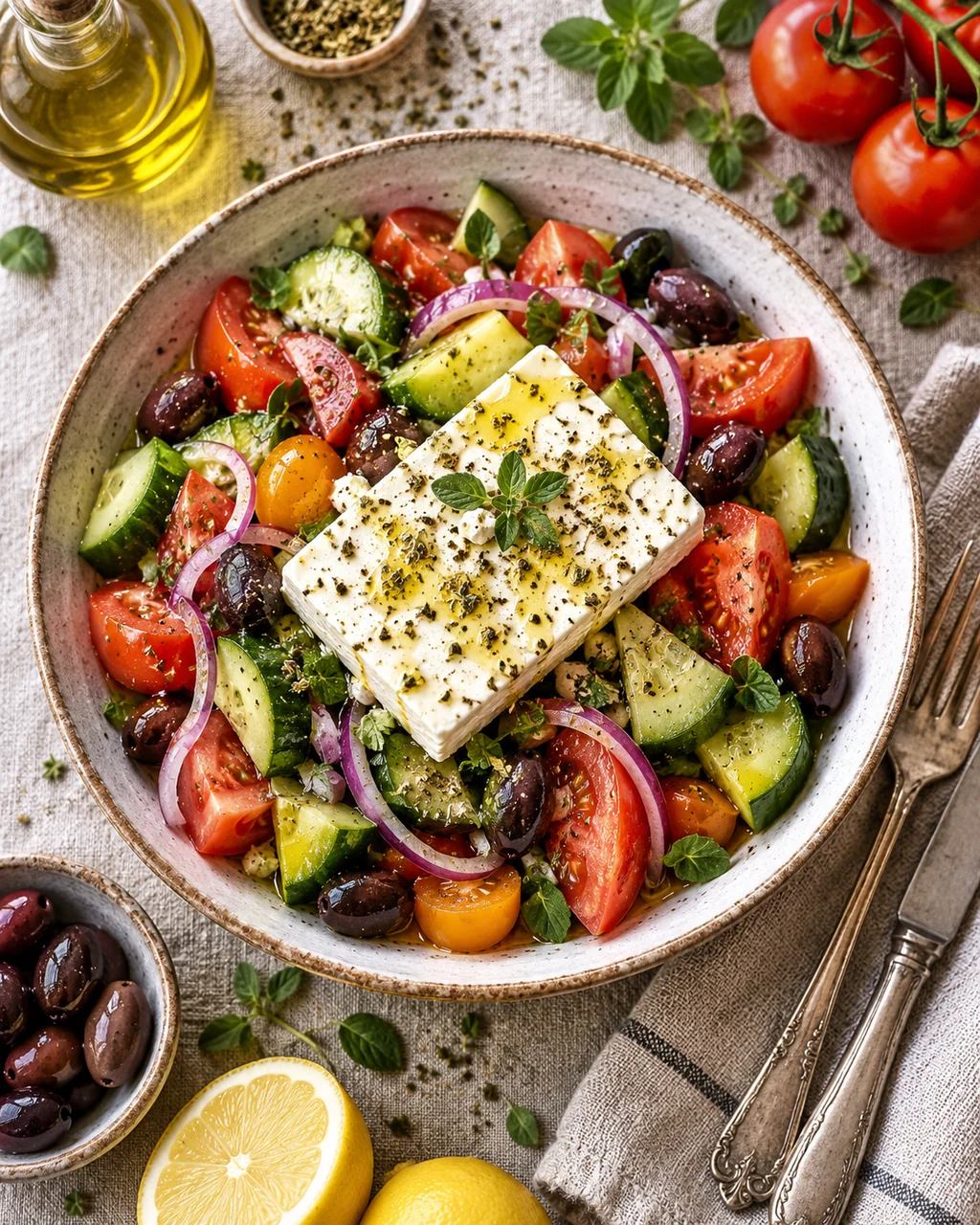 Classic Greek Salad · Overhead Linen Flat Lay