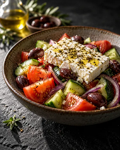 Classic Greek Salad · Dark Moody Chiaroscuro