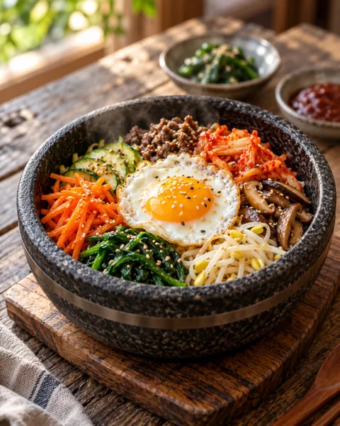Stone Pot Bibimbap · Rustic Wooden Table