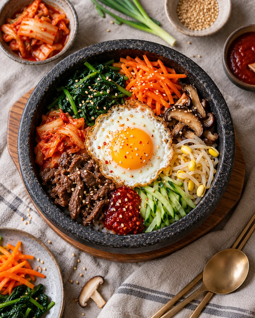 Stone Pot Bibimbap · Overhead Linen Flat Lay