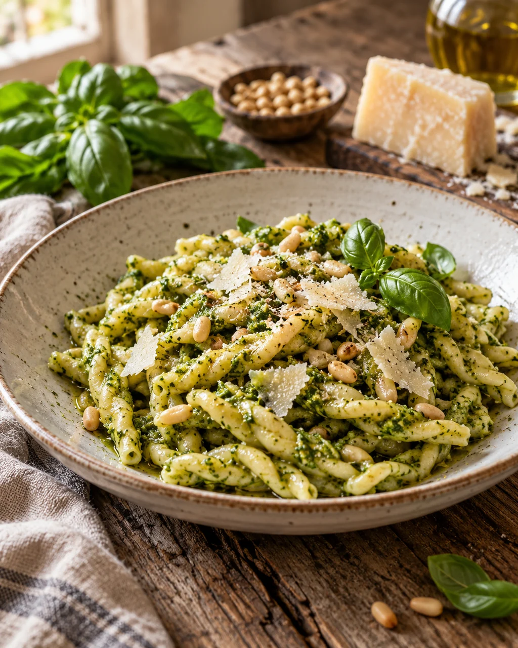 Handmade Pesto Pasta · Rustic Wooden Table