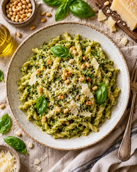Handmade Pesto Pasta · Overhead Linen Flat Lay