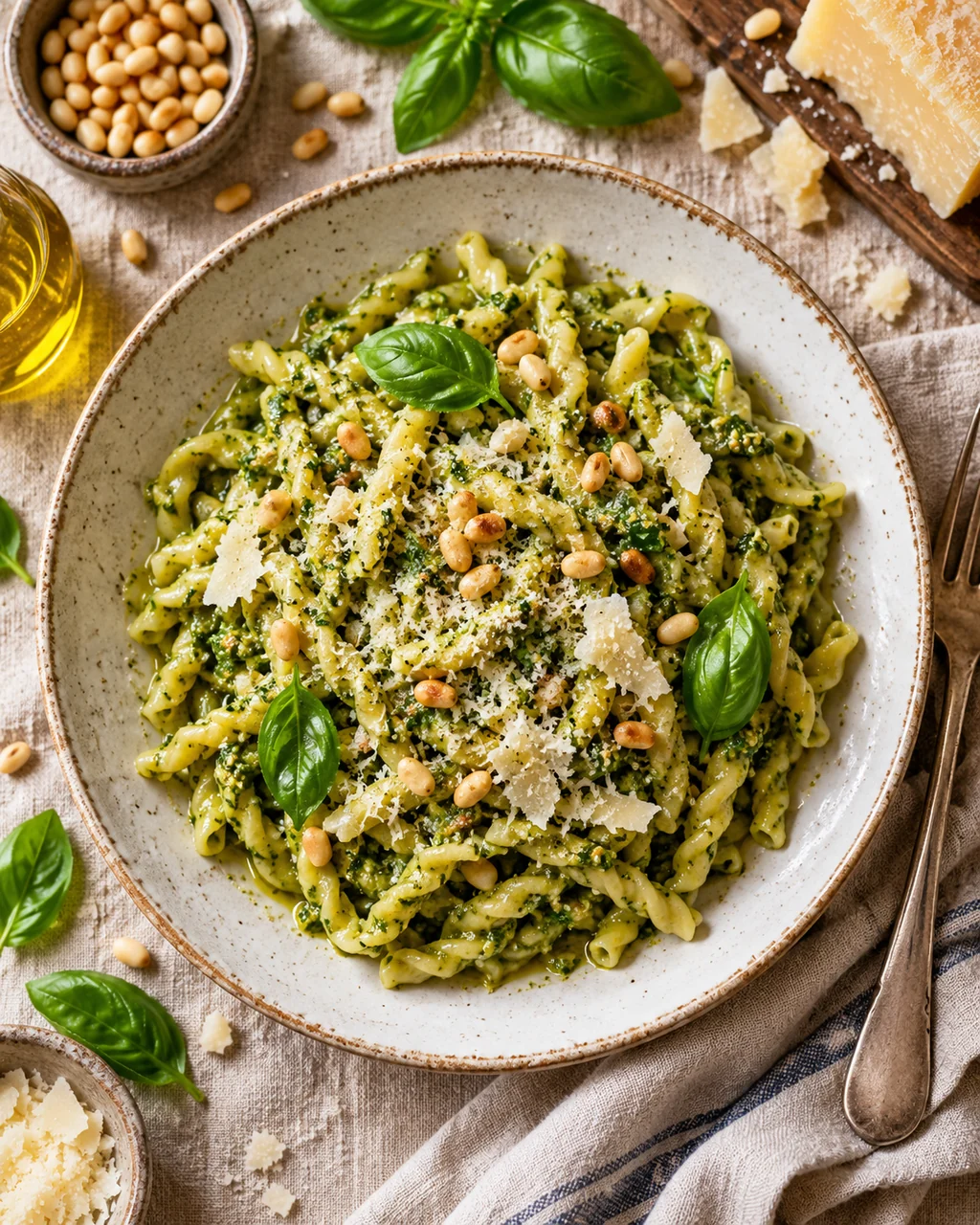 Handmade Pesto Pasta · Overhead Linen Flat Lay