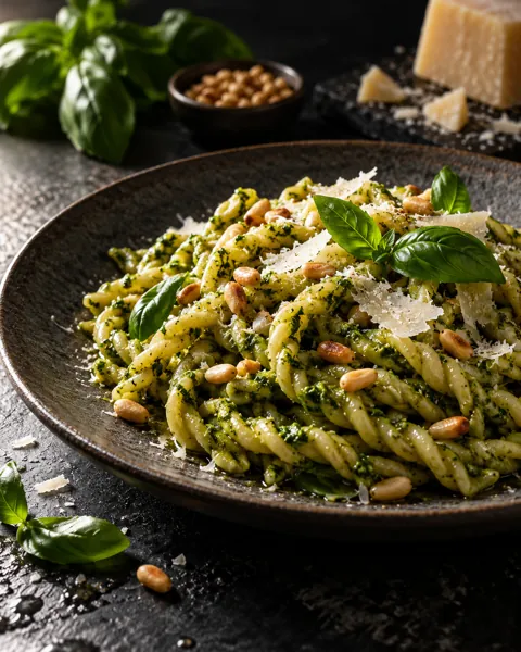 Handmade Pesto Pasta · Dark Moody Chiaroscuro