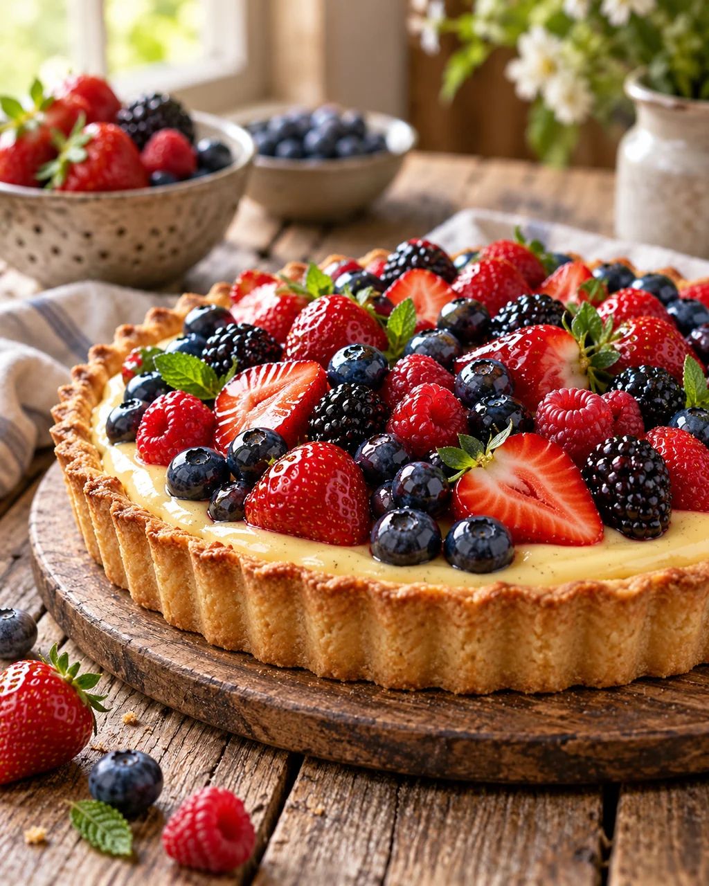 Mixed Berry Tart · Rustic Wooden Table
