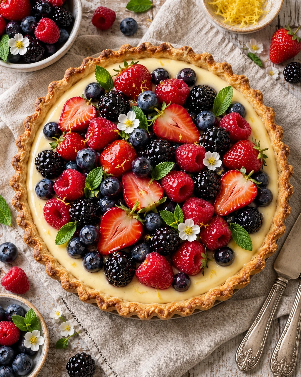 Mixed Berry Tart · Overhead Linen Flat Lay