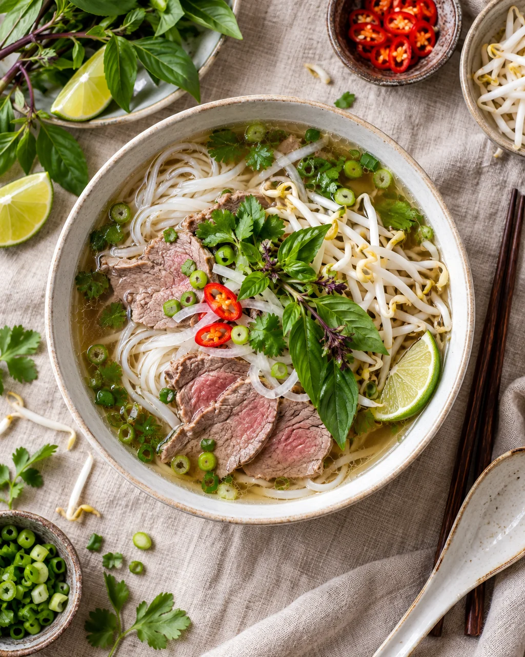 Vietnamese Pho · Overhead Linen Flat Lay