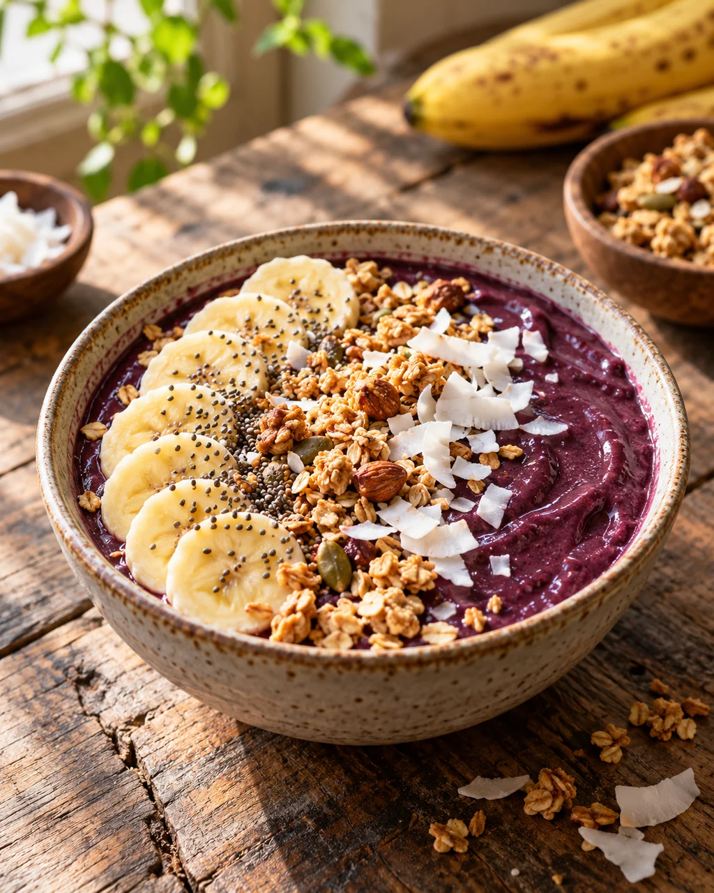 Acai Smoothie Bowl · Rustic Wooden Table