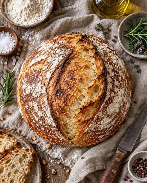 Rustic Sourdough Loaf · Overhead Linen Flat Lay