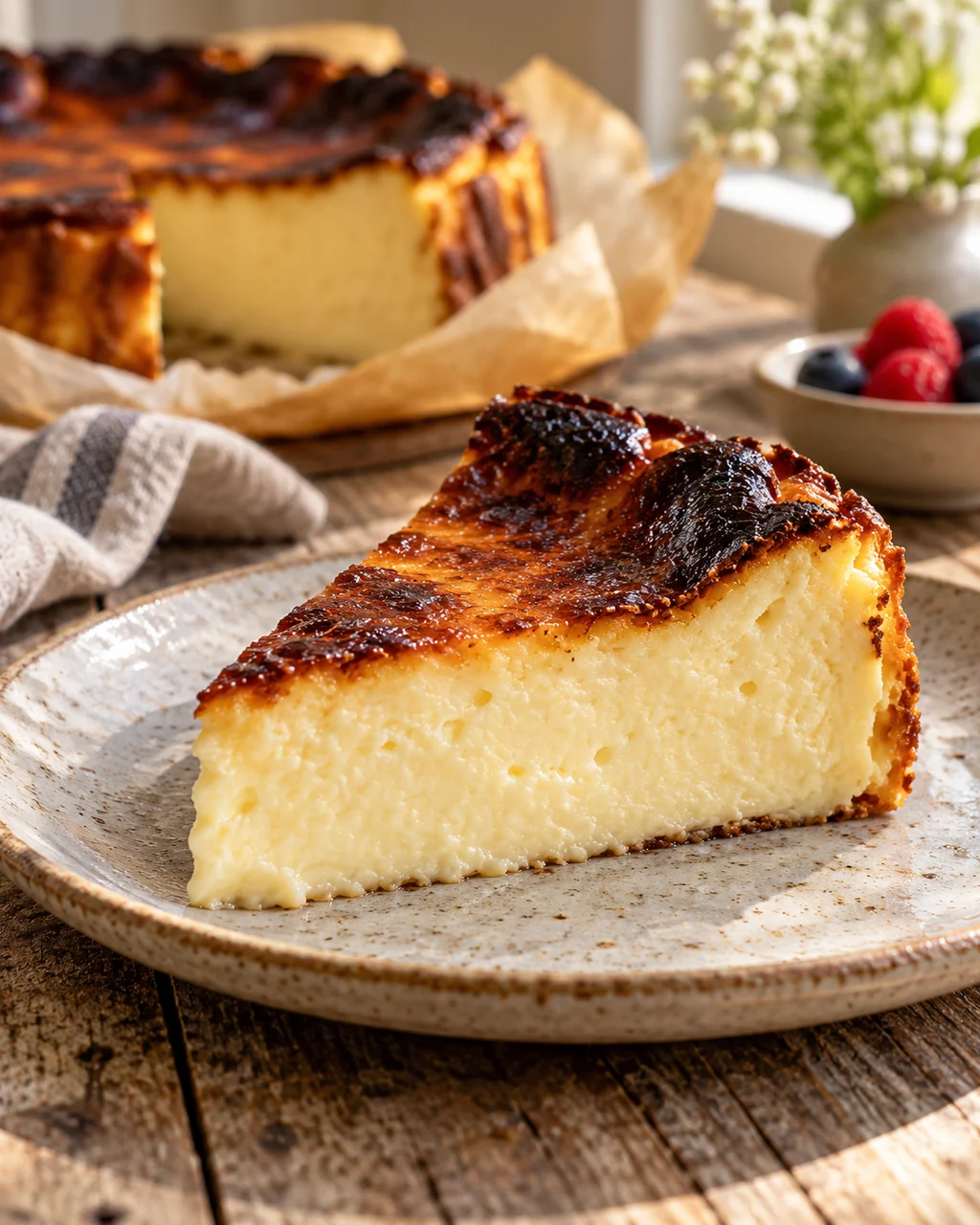 Basque Burnt Cheesecake · Rustic Wooden Table