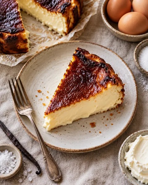 Basque Burnt Cheesecake · Overhead Linen Flat Lay