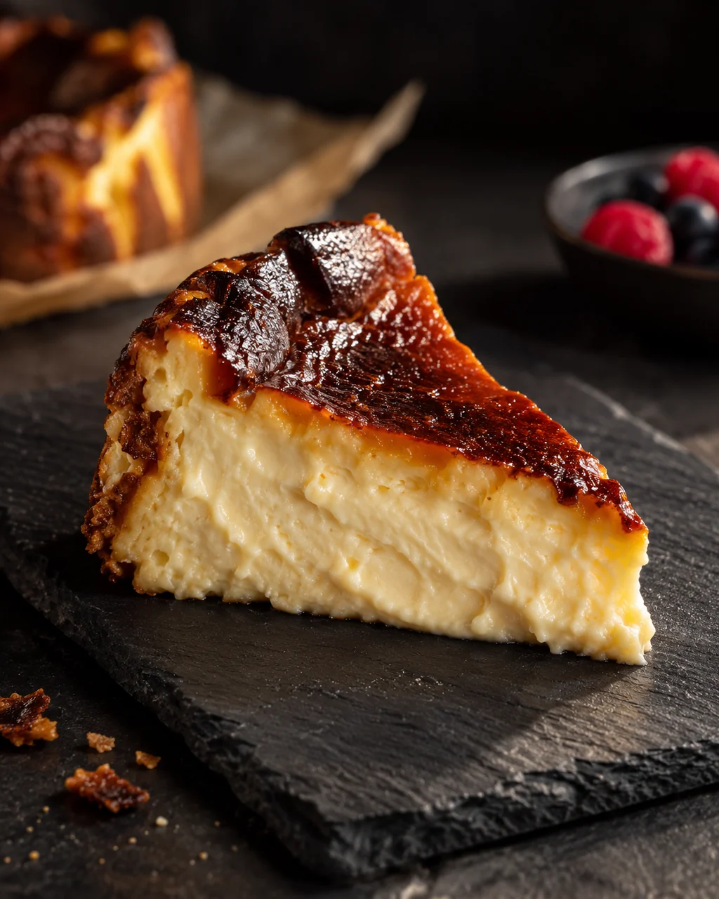 Basque Burnt Cheesecake · Dark Moody Chiaroscuro