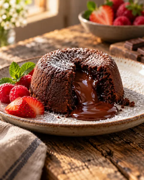 Chocolate Lava Cake · Rustic Wooden Table