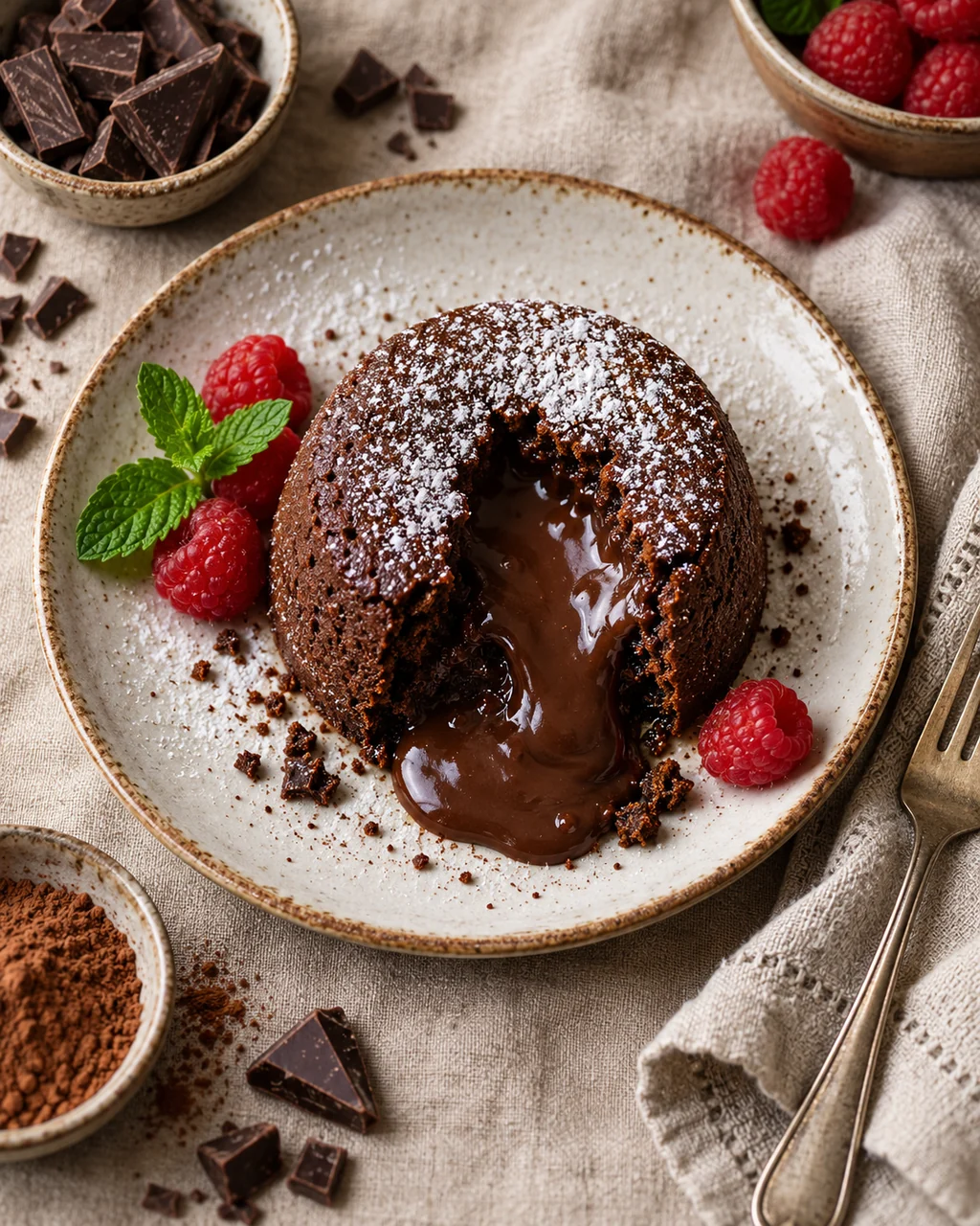 Chocolate Lava Cake · Overhead Linen Flat Lay