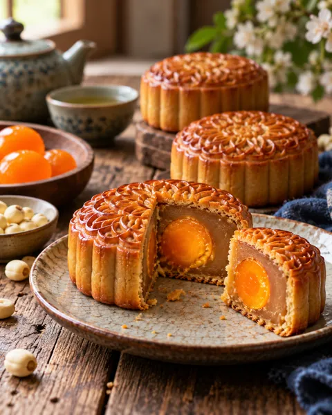 Mid-Autumn Mooncakes · Rustic Wooden Table