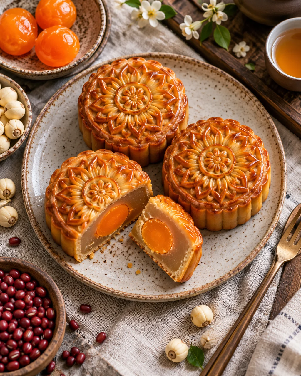 Mid-Autumn Mooncakes · Overhead Linen Flat Lay