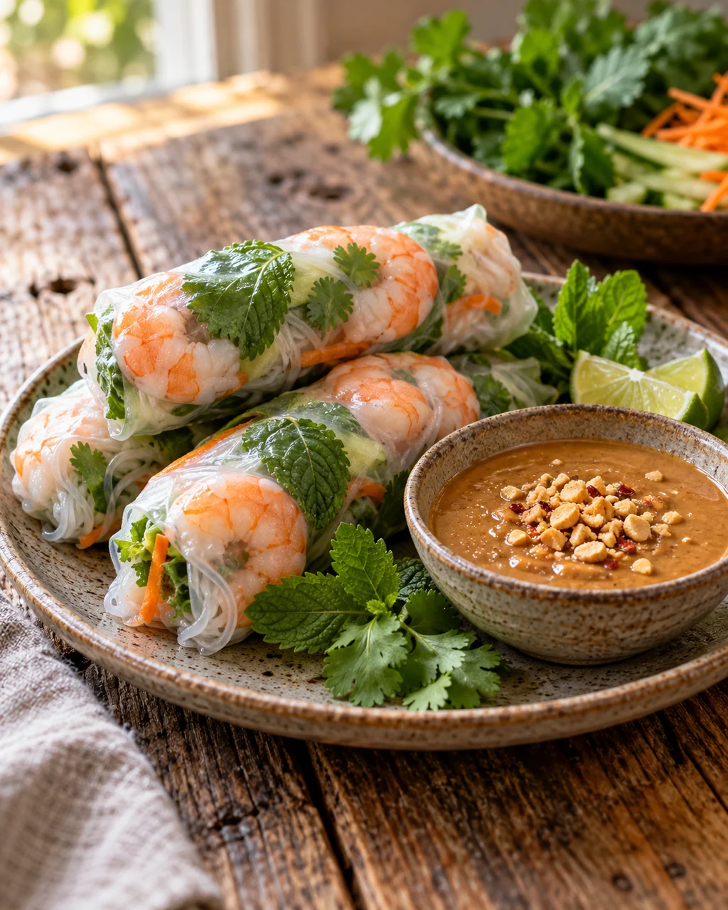 Fresh Summer Rolls · Rustic Wooden Table
