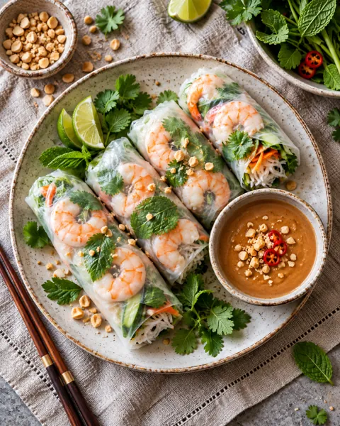 Fresh Summer Rolls · Overhead Linen Flat Lay