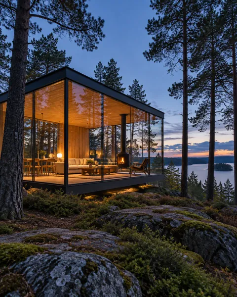Forest Glass Cabin · Blue Hour Glow