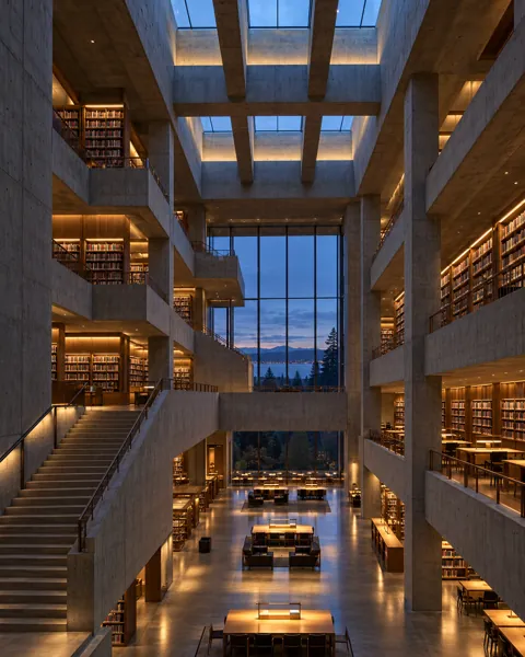Brutalist Concrete Library · Blue Hour Glow