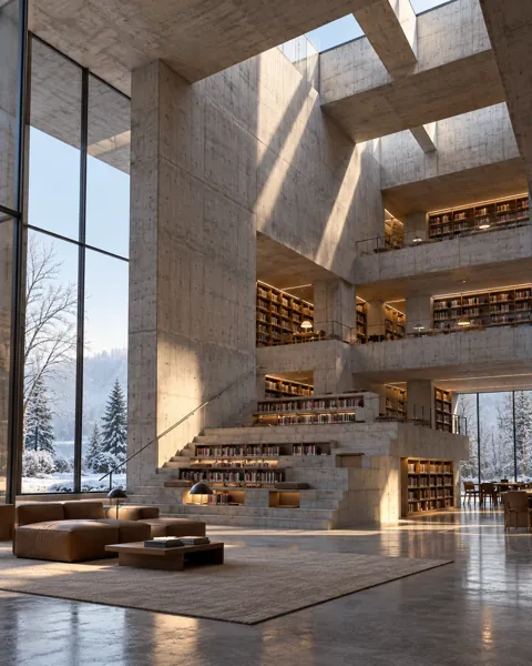 Brutalist Concrete Library · Winter First Snow