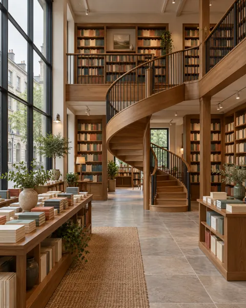 Spiral Staircase Bookshop · Soft Overcast Daylight